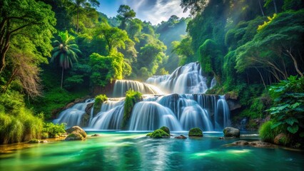 Obraz premium Dreamy waterfall cascades into a vibrant tropical forest, a double exposure masterpiece.