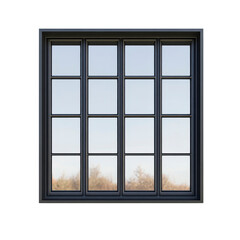 Modern Black Framed Window with Multiple Panes Showcasing Clear Glass and Reflections of Trees on a Bright Day, Perfect for Architectural and Interior Design Projects