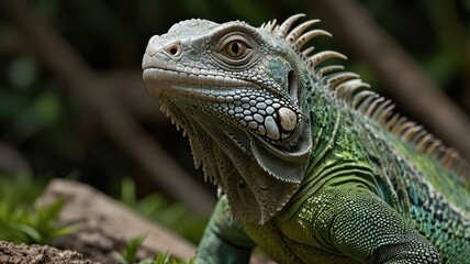 Fototapeta premium Close-up of a green iguana, head and shoulders, looking to the right.