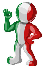 Fun faceless character decorated in the colors of the Italian flag, making a perfect hand sign gesture