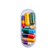 Colorful Assortment of Dietary Supplements and Capsules in a White Tray for Health and Wellness Concepts Promoting Nutrition and Vitality