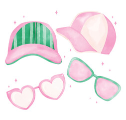 Trendy Caps and Glasses Fashion Pickleball uniform Preppy Aesthetic Pastel Watercolor Art in Green and Pink