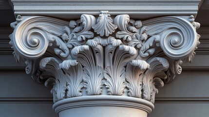 Naklejka premium Ornate capital of column features elaborate scrollwork, floral patterns. Baroque style design evokes sense of grandeur, historical significance. Plaster stone craftsmanship displays intricate