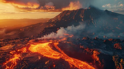 Erupting Volcano at Sunset in Reunion Island