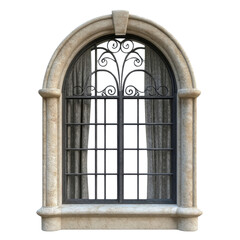 Elegant Gothic Arched Window with Decorative Ironwork and Textured Stone Surrounding, Capturing the Charm of Traditional Architecture in a Unique Design Element