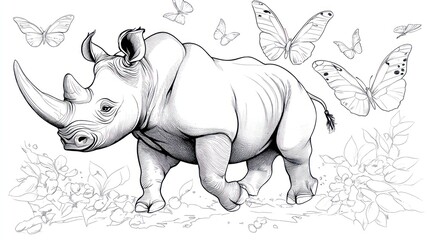 Fototapeta premium Rhinoceros Playfully Chasing Butterflies - Children's Coloring Book Page