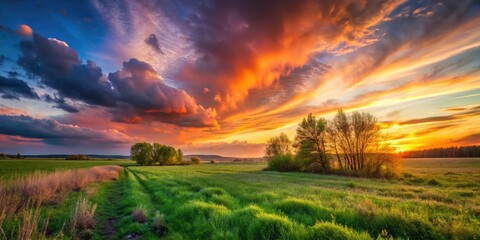 Fototapeta premium Golden hour timelapse captures April's sunset, showcasing moving clouds and low-light field photography's beauty.