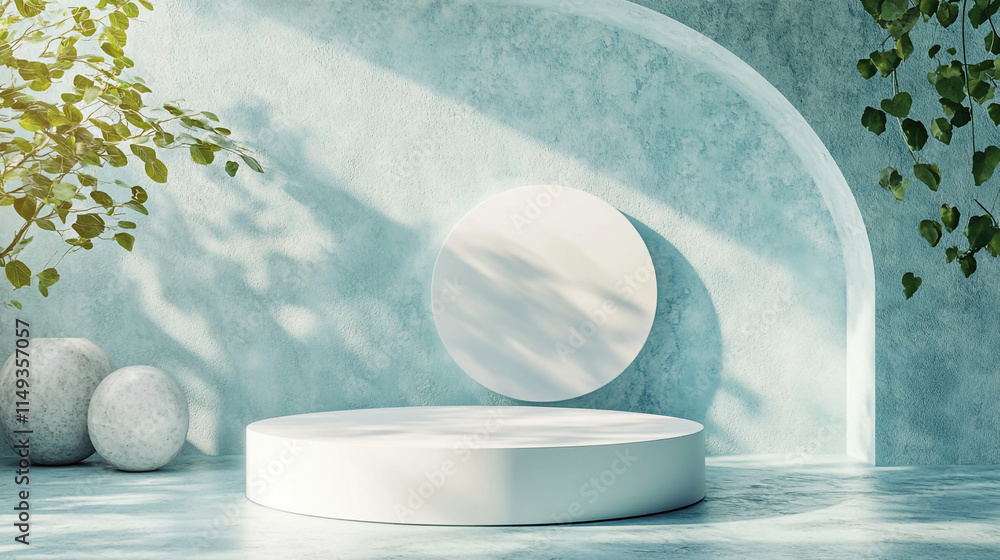 Aufkleber minimalist design display in a serene nature-inspired setting with blue tones.