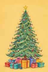 Fototapeta premium A festive Christmas tree with colorful ornaments and a star. surrounded by gift boxes on a yellow backdrop.