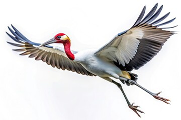 Fototapeta premium White-Naped Crane in Flight, Majestic Bird, Wildlife Photography, Nature Image, Avian, Crane, Bird Photography, White Background