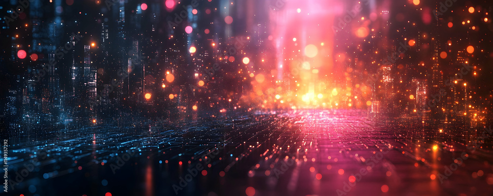 Aufkleber abstract digital landscape with vibrant lights and data patterns.