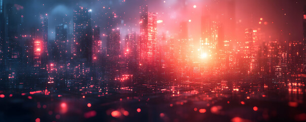 Fototapeta premium Futuristic cityscape with vibrant lights and a glowing sunset.