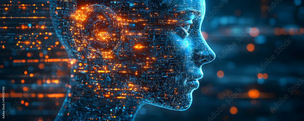 Poster futuristic digital face composed of glowing data streams and particles.