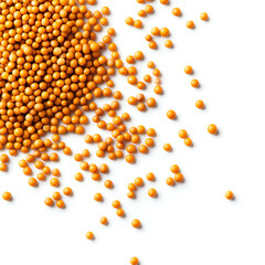 Fototapeta premium A scattered pile of bright yellow mustard seeds on a white background, highlighting texture.