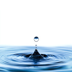 A serene water droplet creating ripples on a calm surface of blue water.