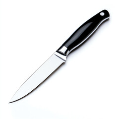 Fototapeta premium A sharp kitchen knife with a sleek black handle on a clean white background.