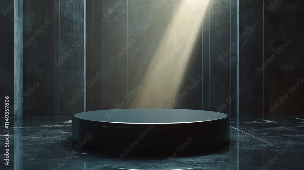 Poster light beam shines on circular platform in a dark, modern space.
