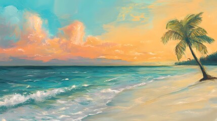 Obraz premium Serene Tropical Sunset Beach Scene With Palm Tree
