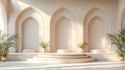 Elegant interior space with arches, steps, and plants, ideal for events or exhibitions.