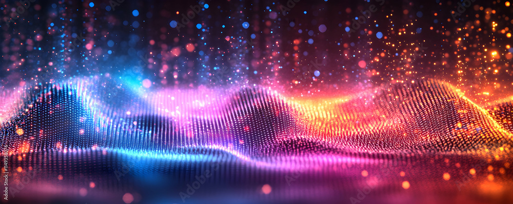 Poster Abstract digital wave pattern with vibrant colors and glowing particles.