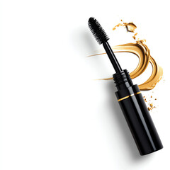 Naklejka premium A sleek mascara with brush and golden cosmetic smear on a white background.