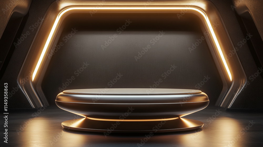 Poster futuristic display platform with glowing lights in a sleek environment.