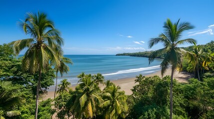 Tropical Beach Scene with Lush Palm Trees and Ocean