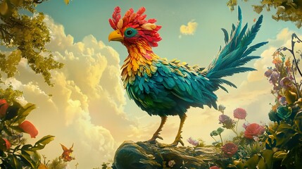Fototapeta premium Vibrant Rooster in a Magical Garden: Fantasy Bird Artwork