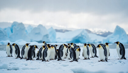Obraz premium A large colony of king penguins stands together in Antarctica, their black and white forms creating a striking pattern against the snowy landscape and towering icebergs. The scene captures the harsh b