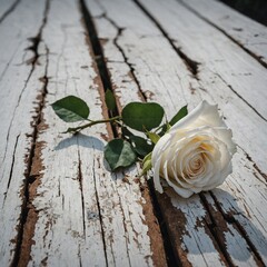 A white rose resting on a cracked white-painted wooden plank.
