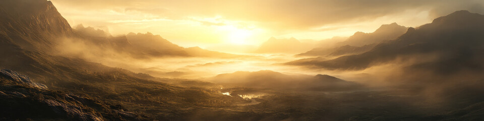 Fototapeta premium A breathtaking 4:1 wide-angle shot of a misty valley at sunrise, where the golden sunlight pierces through the thick mist, casting a magical glow over the valley floor