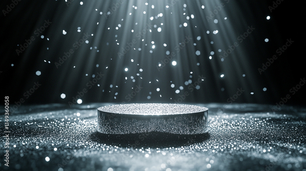 Poster light beams illuminate a reflective surface with sparkling particles in dark space.