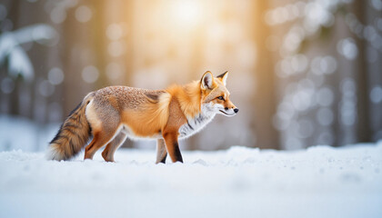 A red fox stands alert in a snowy landscape, its vibrant fur contrasting beautifully with the winter environment, symbolizing adaptability and resilience in the face of harsh conditions.