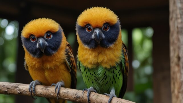 Two vibrant, orange and green parrots perched on a branch.