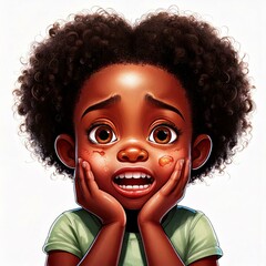 Sad black girl with a toothache and visible cavities in a cartoon style.