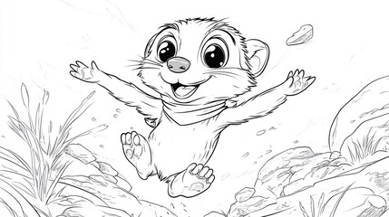 Fototapeta premium Meerkat Cartoon Jumping Over Rocks - Children's Coloring Book Page