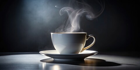 Minimalist low-light coffee photo: a white cup, stark white backdrop, elegant simplicity.