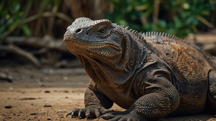 Obraz premium Close-up of a large land iguana on sandy ground.