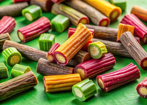 Organic licorice sticks, a sweet treat.  Natural Glycyrrhiza glabra, photographed against a vibrant green backdrop.