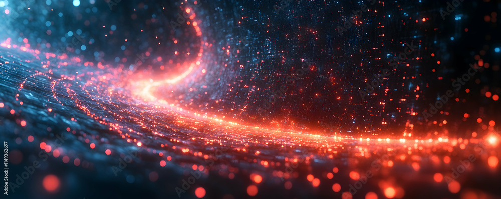 Poster abstract representation of flowing particles in vibrant colors and light.