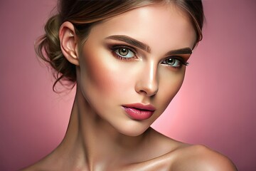 Fototapeta premium Radiant skin glows in soft, pink-hued light; a captivating beauty portrait showcasing skincare's magic.