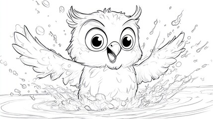 Fototapeta premium Cartoon Owl Splashing in Pond - Children's Coloring Book Page