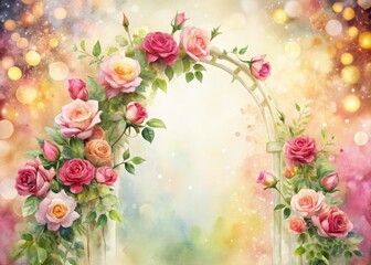 Romantic watercolor roses arch, bokeh background. Perfect floral wedding invitation.