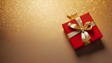 Christmas Gift Box with Red Ribbon and Gold Bow, Isolated on White Background