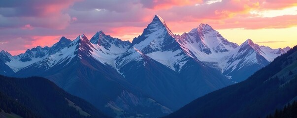 A majestic mountain ridge at dusk with snow-capped peaks and layered terrain compressed through a telephoto lens, ridge of mountains, dusk