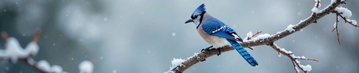 A majestic blue jay perches proudly on a frosty tree branch, its vibrant feathers a stark contrast to the monochromatic surroundings, frosty tree, nature photography, bird on branch