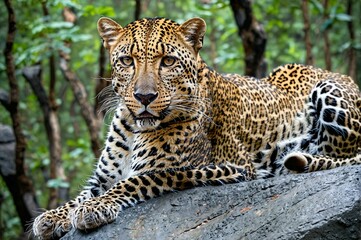 Fototapeta premium A leopard is laying on a rock in a forest