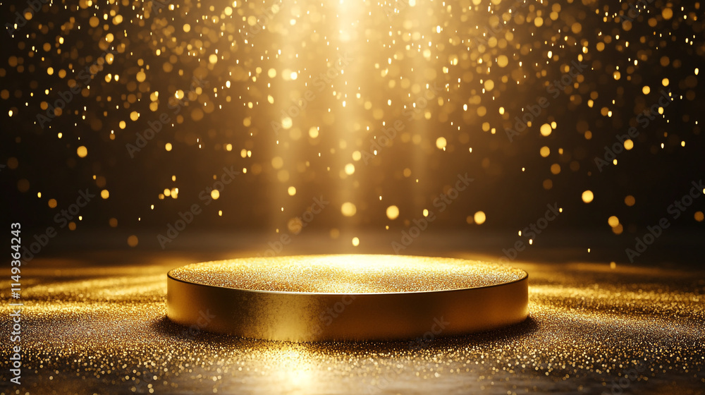 Poster golden light illuminates a raised platform with sparkling particles in the background.