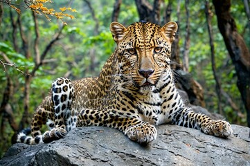 Fototapeta premium A leopard is laying on a rock in a forest