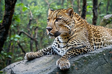 Naklejka premium A leopard is laying on a rock in a forest